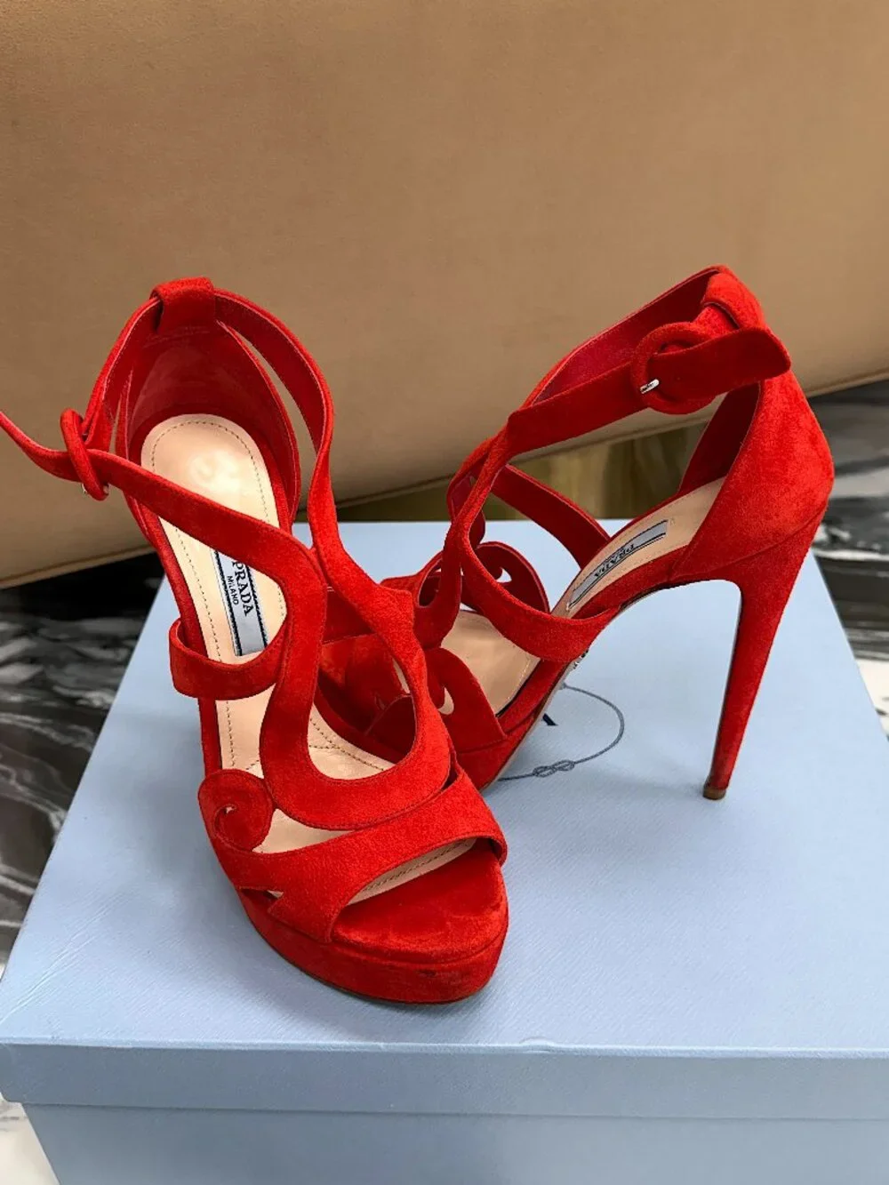 Prada Red Suede Platform Heels Strappy Sandals Stiletto Ankle Strap Size 37 - Picture 10 of 14